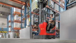 An explosion-proof reach truck from Linde MH is in use in the warehouse.