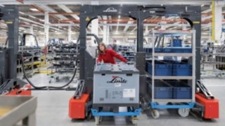 Linde tugger trains are designed for ergonomic loading and unloading.