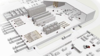 Illustration of a warehouse Illustration of a warehouse with trucks from Linde Material Handling