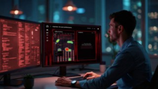 An employee sits in front of a screen, working with Linde MH's fleet management software, myLinde.