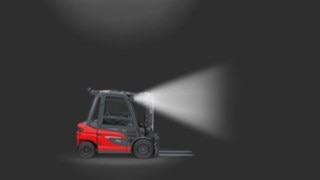 A Linde MH counterbalanced forklift truck equipped with LED work headlights.