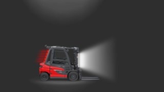 A Linde MH counterbalanced forklift truck equipped with Linde LED Stripes.