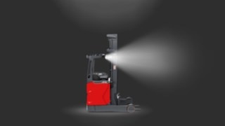 A Linde MH reach truck equipped with Linde LED work headlights.