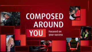 LogiMAT key visual. In the center, on a red background, is the text “Composed around you. Focused on your success.” Surrounding it are six photos of Linde Material Handling employees.
