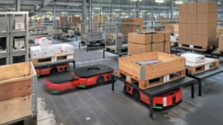 Several C-MATIC automated mobile platforms from Linde MH move goods around the ABS Safety warehouse. 