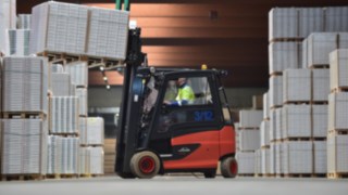 Driver on Linde forklift truck at Egger