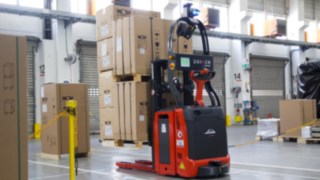 The autonomous L-MATIC pallet stacker from Linde Material Handling in use at Wolf GmbH