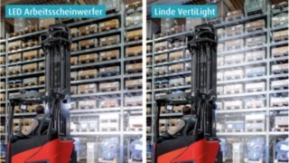 In contrast to regular work lights, the Linde VertiLight does not produce a spotlight cone, but rather a wide-area, uniform and glare-free illumination from the floor to the lifting height. In contrast to regular work lights, the Linde VertiLight does not produce a spotlight cone, but rather a wide-area, uniform and glare-free illumination from the floor to the lifting height.