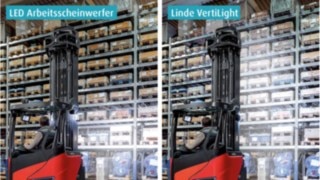 In contrast to regular work lights, the Linde VertiLight does not produce a spotlight cone, but rather a wide-area, uniform and glare-free illumination from the floor to the lifting height.