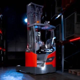 Linde MH reach truck Ri16 in a brightly lit warehouse setting.