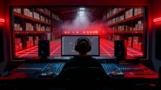A woman sits at a mixing console overlooking a warehouse.