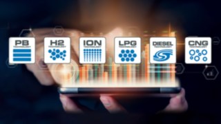 At LogiMAT 2022, we will give you a detailed insight into the latest developments in modern energy systems. Man holds a tablet with the selection of different energy systems in his hands