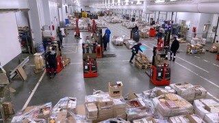Vehicles and workers in a cold storage warehouse.